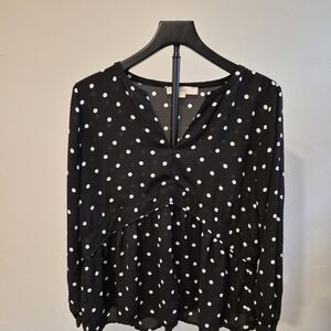 LOFT Black Blouse with White Dots